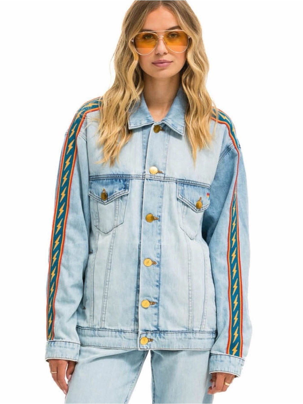 Aviator Nation Bolt Stripe Oversized Concert Denim Jacket